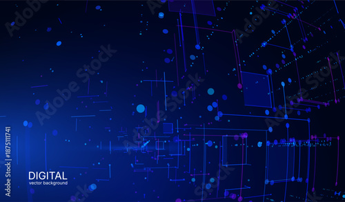 Abstract geometric background of big data space, with grid of square shapes and glowing connection dots. Network infrastructure, data centers, cloud storage mapping, digital communication frameworks