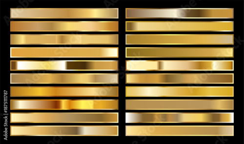 Collection of editable golden gradient samples with darker shades in vector format, perfect for graphic designers. Perfect wedding stationery, award certificates and corporate identity projects