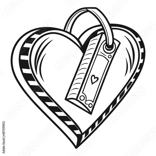 Striking black and white line art illustration depicting a securely attached luggage tag or gift label featuring a small heart shape affixed to a large stylized heart emblem.