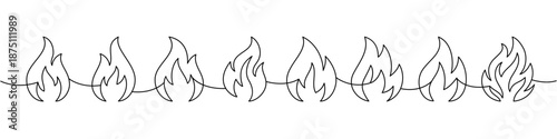 Continuous line drawing of eight flame shapes. Minimal vector fire border for safety labels, hazard warnings and modern poster decoration