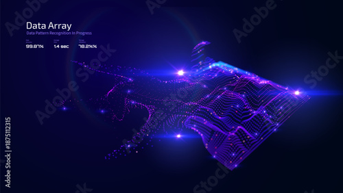 Data particles digital information in deep blue cosmic space. Concept of big data burst, blockchain technology, AI data processing, network energy. Backdrop for presentations and dynamic backgrounds.