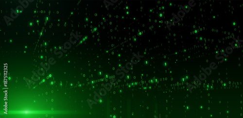 Futuristic green digital matrix space with binary code streams and glowing horizon line, symbolizing data transfer, cybersecurity, virtual networks, artificial intelligence vector background