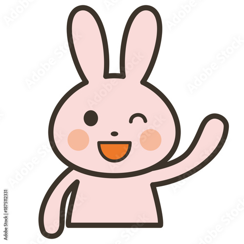 手を上げて挨拶するかわいいうさぎキャラの上半身イラスト