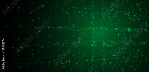 Futuristic green digital matrix space with binary code streams and glowing horizon line, symbolizing data transfer, cybersecurity, virtual networks, artificial intelligence vector background