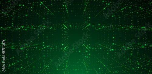 Futuristic green digital matrix space with binary code streams and glowing horizon line, symbolizing data transfer, cybersecurity, virtual networks, artificial intelligence vector background
