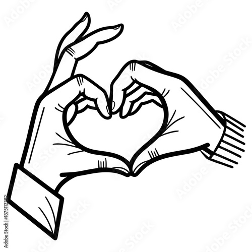 Minimalist black and white line art illustration depicting two hands joining fingertips together to clearly form a universally recognized symbol of romantic love and heartfelt affection.