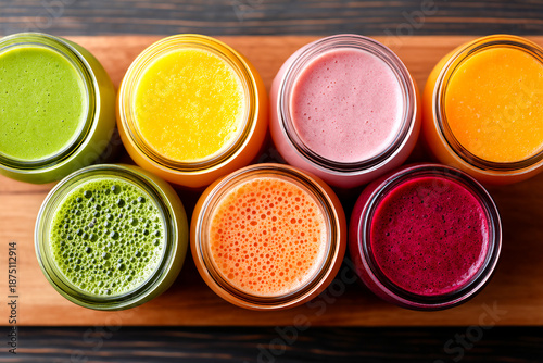 Colorful smoothie jars arranged on a wooden board in bright kitchen setting Generative AI