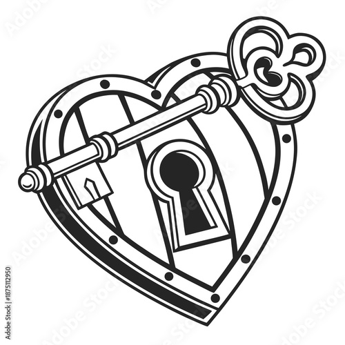 Vintage style black and white line art illustration depicting an ornate skeleton key unlocking a heart shaped locket or shield with a prominent keyhole design