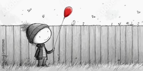 A young person holding a red balloon, standing happily near a wooden fence, with birds fluttering in the sky