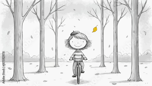 A happy child riding a bicycle on a forest road during autumn. A yellow leaf is floating in the air. The child has a smiling face and is wearing a hat