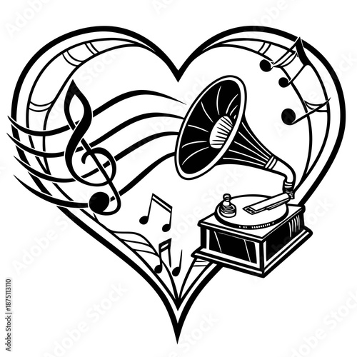Striking black and white graphic illustration featuring an antique phonograph music player intricately framed within a stylized heart shape surrounded by musical notes and a treble clef.