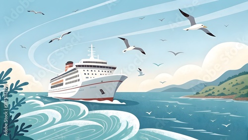Cruise ship cutting through gentle waves