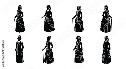 Silhouette illustrations of eight women in various victorian era dresses and hats