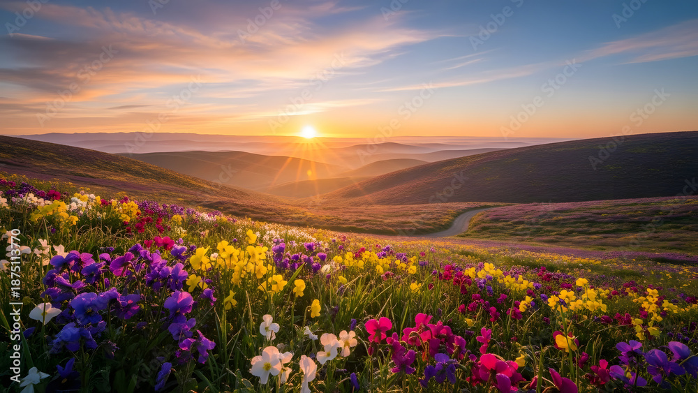 Obraz premium Vibrant flowers sway gently in a serene meadow as sunrise unfolds over rolling hills