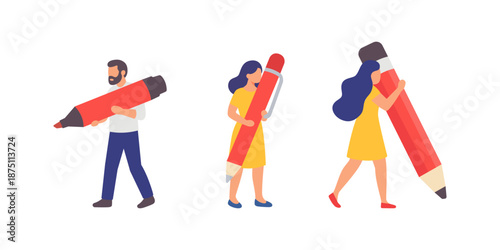 Group of three people with oversized red and yellow writing tools. Flat vector characters for teamwork, study, and creativity design concepts.