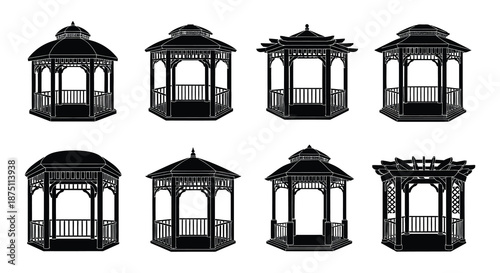 Collection of seven black silhouettes of different gazebo styles