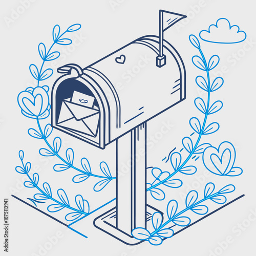 Charming line art illustration of a classic residential mailbox standing proudly surrounded by decorative blooming floral elements and soft cloud shapes