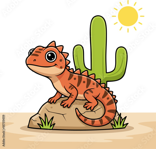 Cute cartoon horned lizard basking on rock with cactus and sun in desert landscape, vector illustration