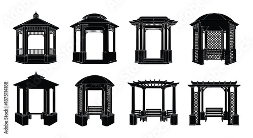 Collection of seven black silhouettes of different gazebo styles