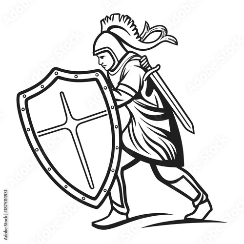Warrior figure clad in ancient armor holding a large protective shield and a sharp sword ready for medieval combat illustration