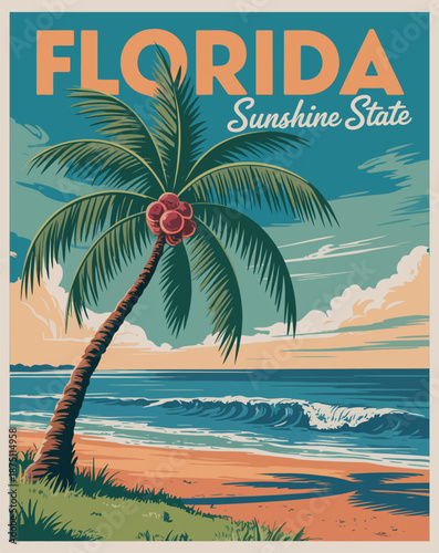 Florida Travel Poster – Vintage Beach Illustration with Palm Trees