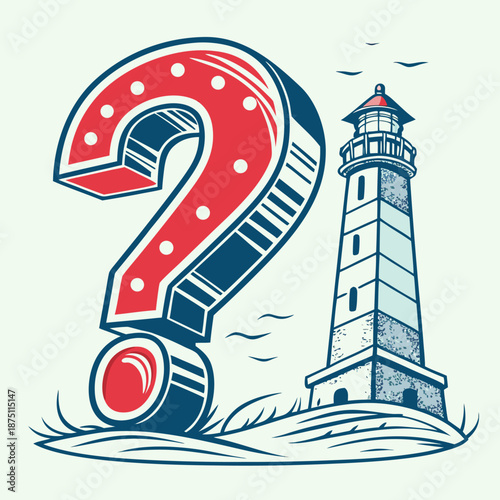 Striking illustration pairing a gigantic illuminated question mark symbol next to a tall coastal lighthouse standing firm against the ocean waves.