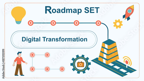 Digital Transformation Roadmap: A visual guide depicting the stages of digital transformation, illustrated with key symbols like a light bulb, rocket, gears, and a person.