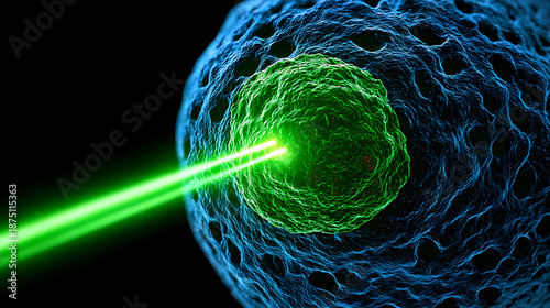 Laser Beam Targets Cellular Structure With Focus on Green Core and Blue Exterior in Scientific Setting