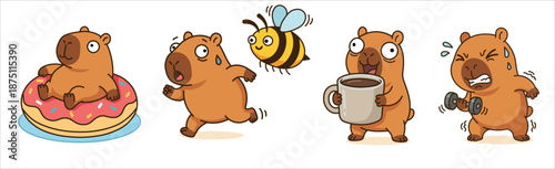 Funny capybara sticker set with cute characters drinking coffee lifting dumbbell running from bee and relaxing on donut floaty kawaii animal emotions for digital planners and greeting cards.