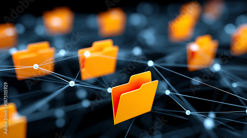 Many Orange Folders Connected by Lines on a Dark Background With a Focus on One Folder in the Center of the Scene