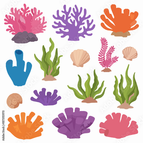Whimsical cartoon coral reef vector illustration set with algae, seaweed and seashells