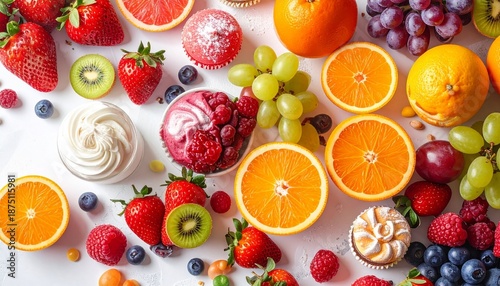 Colorful fruit and yogurt spread on white surface.