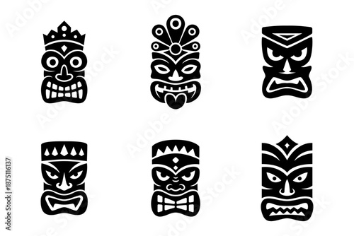 Collection of six tiki masks with unique expressions. Polynesian tribal vector illustration for cultural posters and festival designs