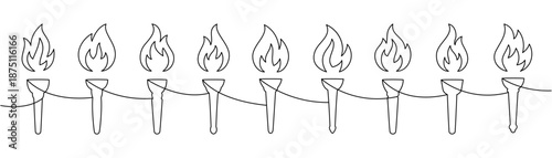 Continuous line drawing of burning torches in a row. Minimalist one line vector flame illustration symbolizing ceremony, freedom, protest and unity