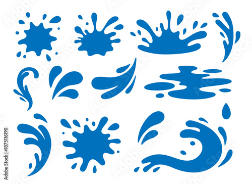 Set of blue cartoon splash symbols. Abstract flat water drop shapes isolated on white background. Perfect for decoration and creative graphic projects