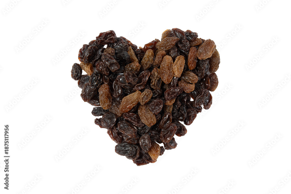 Obraz premium Raisin isolated on white background. Heart shape, Valentine's Day, Top view.