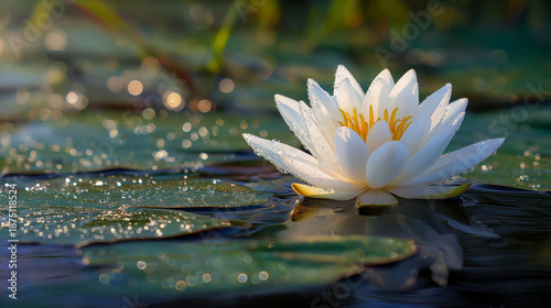 patera. Water lily petals unfolding at dawn with morning dew on serene pond. gardening catalogs, home-decor guides, designed for gardening and botanical catalogs, used by ngo communicators.