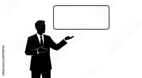 Silhouette of businessman in suit giving a presentation with blank copy space screen