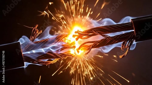 Dangerous electrical short circuit with sparks and flames igniting from exposed wires in a dark environment