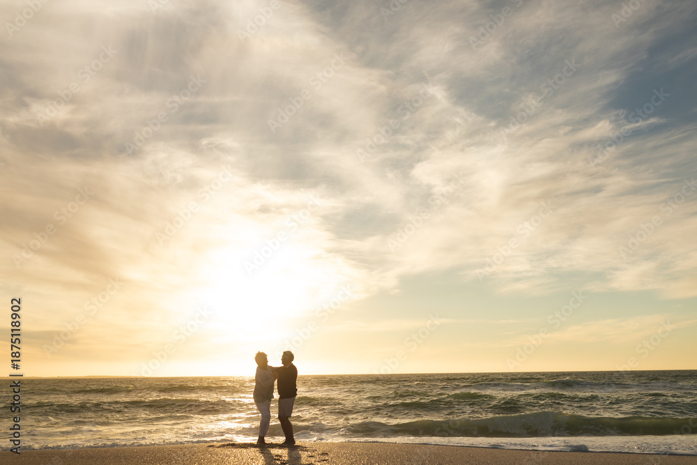Fototapeta premium Full length of multiracial senior couple dancing on shore at beach against sky during sunset