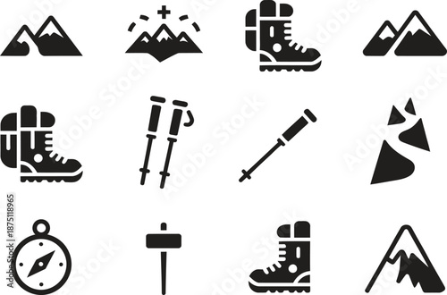 Black silhouette hiking and adventure icon set isolated on white background, outdoor travel equipment vector illustration