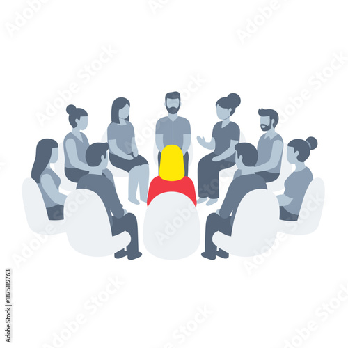 Group therapy session with diverse participants sitting in a circle  