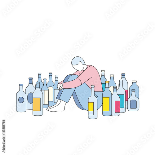 Man sitting among empty bottles reflecting on alcohol addiction  