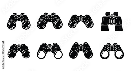 Collection of black and white binocular icons in various styles