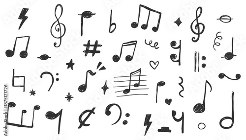 Music notes crayon chalk pencil elements in sketch style. Grunge texture. Whimsical music symbols, signs design element. Border 