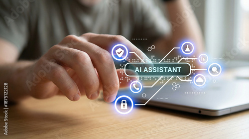 a male pressing transparent icon button. Freelancer management AI assistant technology service. Artificial Intelligence communication dashboard