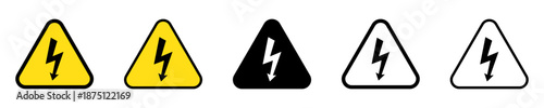 Triangle warning sign with lightning bolt arrow. Danger high voltage sign set