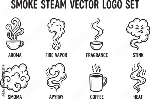 Smoke Steam Vector Logo Set featuring Aroma, Fire Vapor, Fragrance, Stink, Smoma, Apyray, Coffee, and Heat Icons