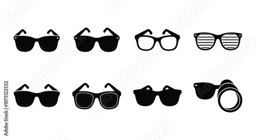 A collection of various black sunglasses and glasses