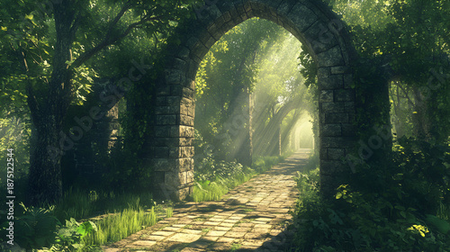 Mystical stone pathway through ancient forest arches bathed in sunlight